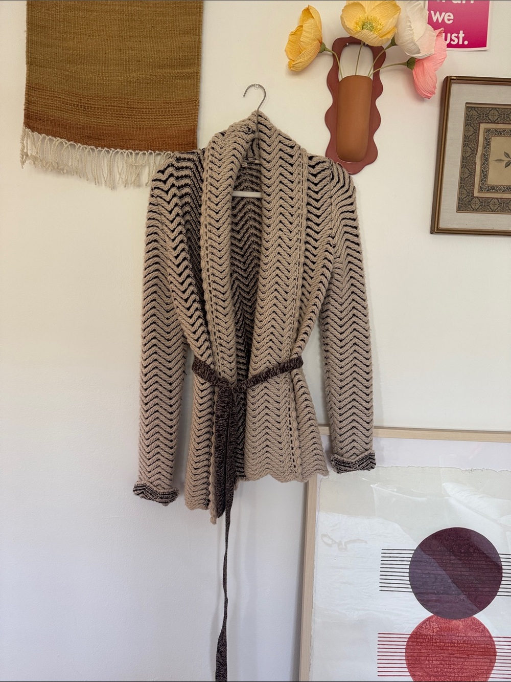 Moth Chevron Shawl-Collar Belted Cardigan - Beige with Dark Brown Trim